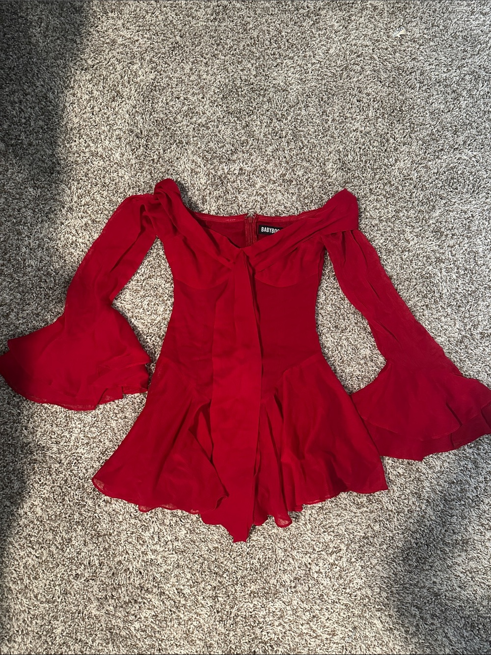 BabyBoo Red Off-Shoulder Bell Sleeve Romper